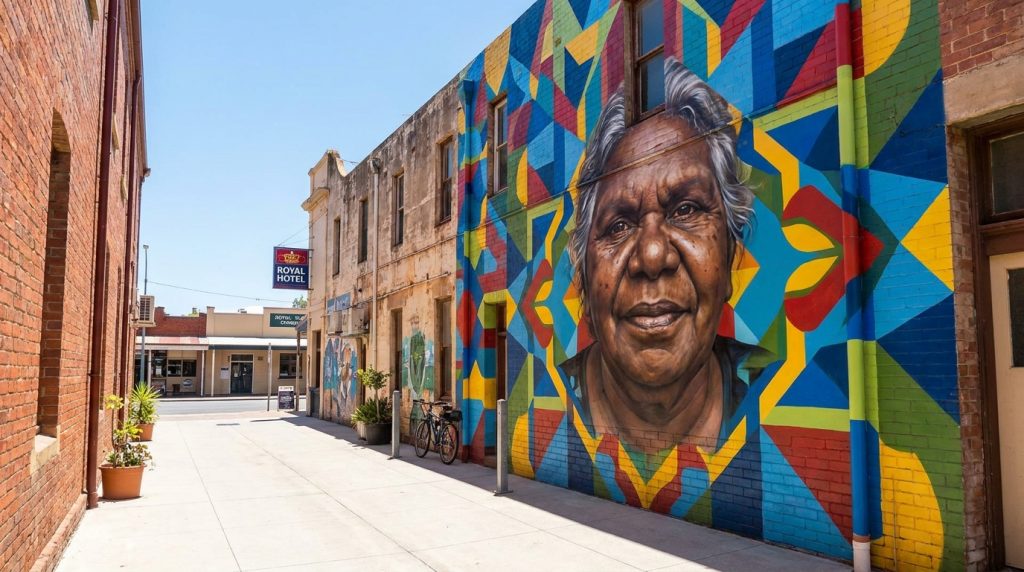 Vibrant street art mural on a building in Bunbury CBD, part of the largest street art collection in regional Australia